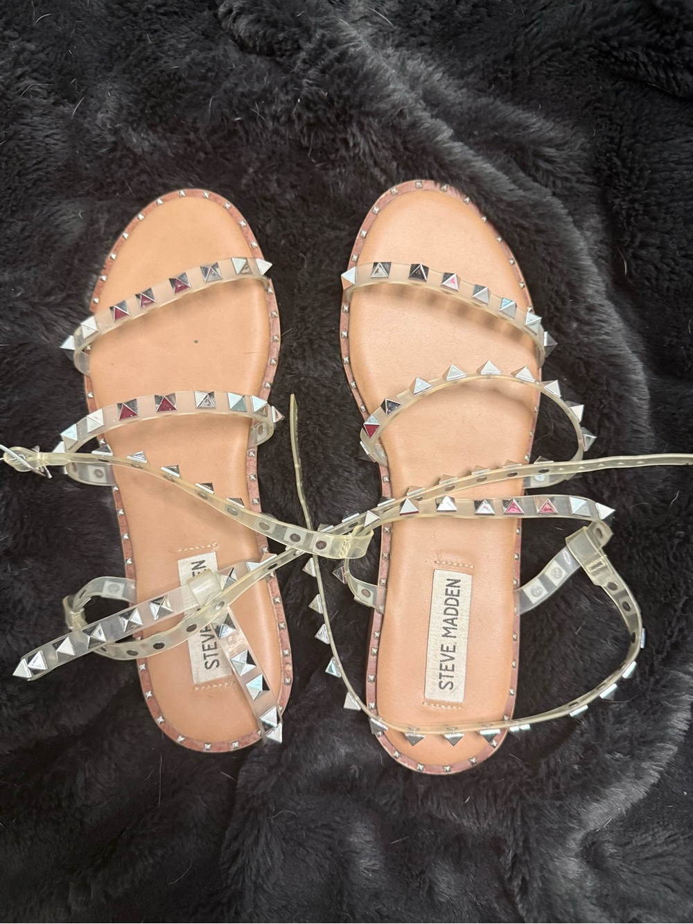 Steve Madden Clear Gladiator Sandals with Silver Studs and Nude Insole
